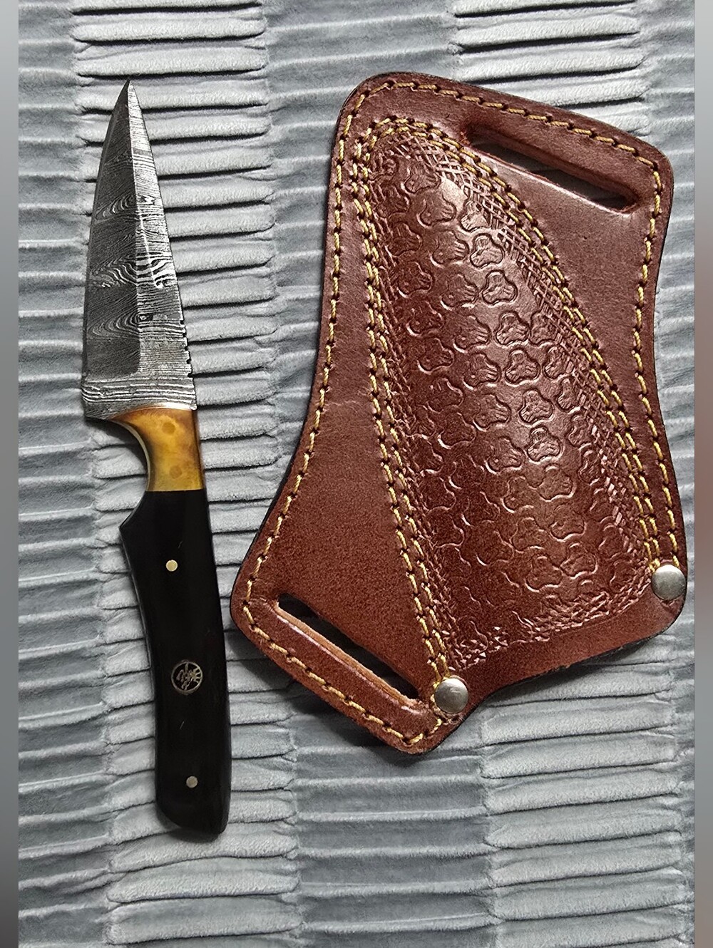 970 BladeWorks Fixed Damascus Blade Bull Horn Handle Leather Cross Sheath🔥